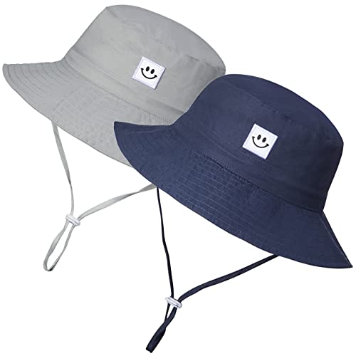 MaxNova Baby Sun Hat Smile Face UPF 50+ Toddler Bucket Hat for Boys Girls 0-7 Years - color: 2pack Smile Face Grey /Navy, size: 6-24 Months