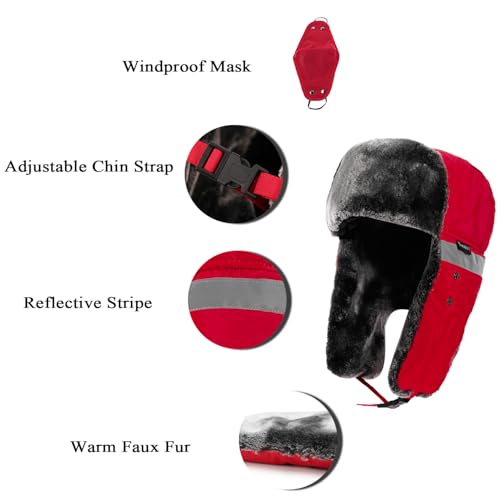Winter Trapper Hats Ushanka Russian- Men Women Trooper Ear Flaps Hunting Face Masks Ski Snow Cold Weather - color: Red