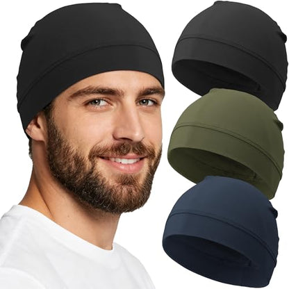 3-Pack 100% Cotton Skull Cap for Men Women Helmet Liner Caps - color: 3pcs-black,army Green,navy Blue