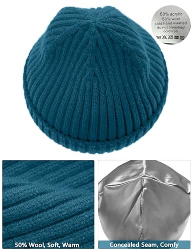 Satin Lined Wool Acrylic Blend Beanie Hat Women Men, Winter Knit Cap - color: Denim Blue