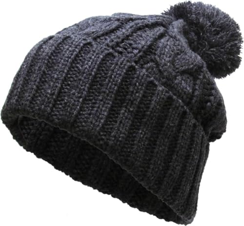 KBETHOS Women's Winter Warm Thick Oversize Knitted Beanie Hat with Pom Pom - color: Dark Gray Cable Knit Pom Beanie