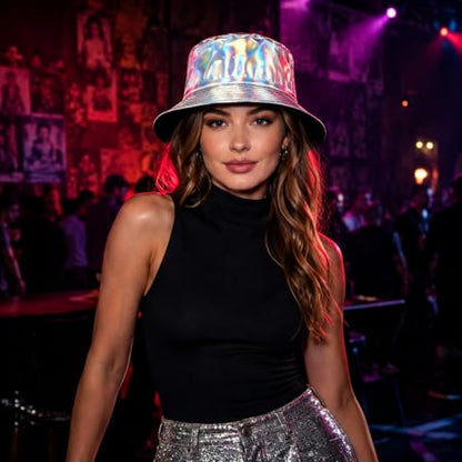 Unisex Black Bucket Hat Waterproof Rain Hat Reversible Shiny Rave Bucket Hat for Concert Festival - color: B3: Silver