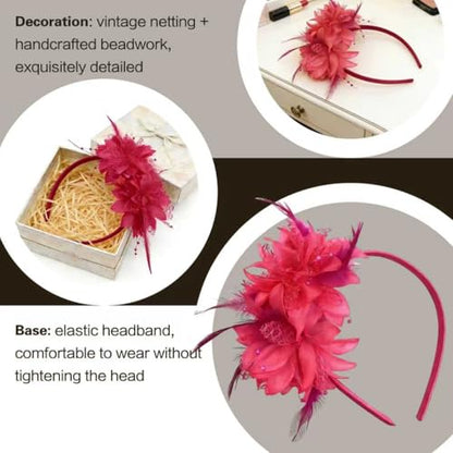 Fascinators for Women Ribbon Feather Tea Party Headwear - color: Magenta