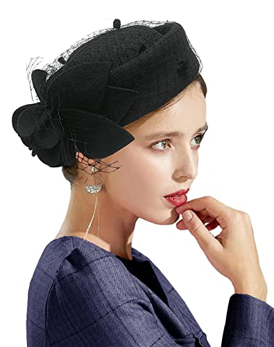 ORIDOOR Women's British Style Pillbox Church Derby Wedding Winter Vintage Fascinator Beret 100% Wool Felt Veil Hat - color: 02b-black