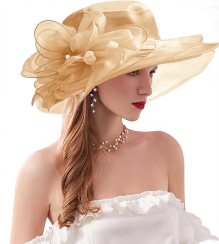 Organza Fascinator Hat - Women’s Wide Brim Church Bridal Tea Party Wedding Hat - color: 02a-gold