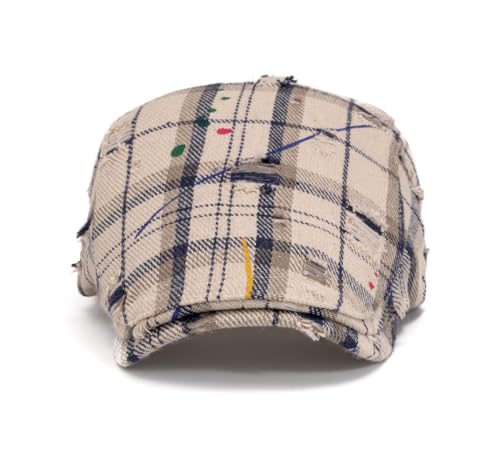 Quanhaigou Unisex Denim Newsboy Hats Flat Ivy Gatsby Cabbie Driving Berets Hat Cotton Dad Cap for Men Women - color: Plaid Distressed Beige
