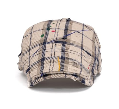 Quanhaigou Unisex Denim Newsboy Hats Flat Ivy Gatsby Cabbie Driving Berets Hat Cotton Dad Cap for Men Women - color: Plaid Distressed Beige