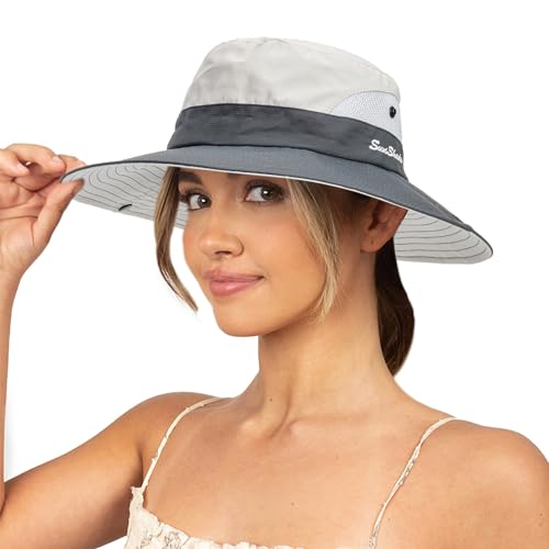Sun Hat for Women Summer UV Protection Beach Hat with Ponytail Hole - color: Beige Grey(with Ponytail Hole)