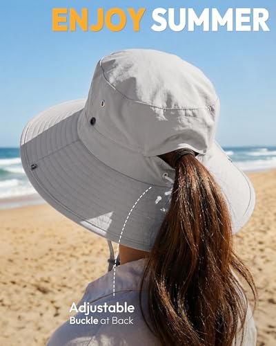 Women Sun Hat with Ponytail Hole Wide Brim Bucket Sun Protection for Summer - color: Grey