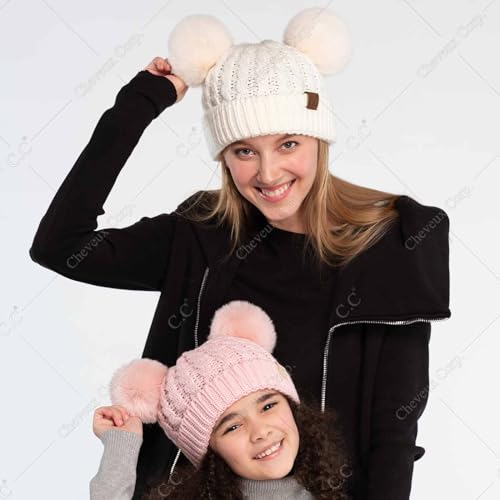 C.C Hatsandscarf Exclusives Cable Knit Double Pom Winter Beanie (HAT-2055)(HAT-23) - color: Beige-color Natural Pom