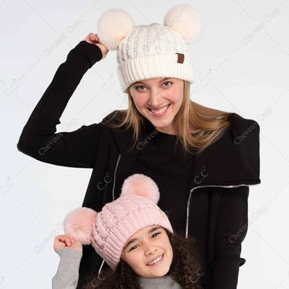 C.C Hatsandscarf Exclusives Cable Knit Double Pom Winter Beanie (HAT-2055)(HAT-23) - color: Beige-color Natural Pom