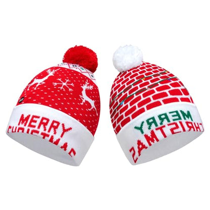 Christmas Hat 2 Pack Light Up Knitted Beanie Hat Xmas Santa Holiday Cap LED Lights - color: Red+red