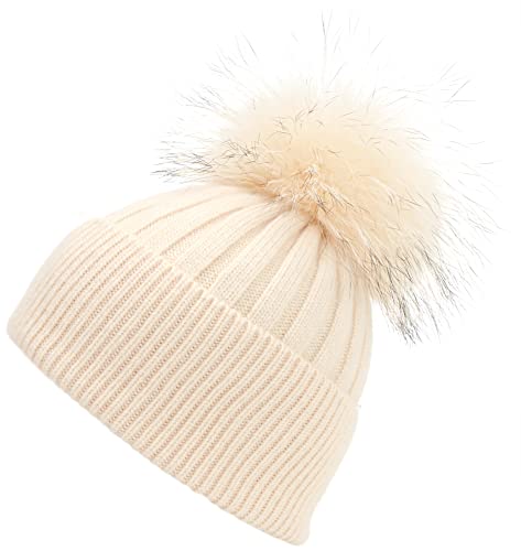 Women Real Fur Pom Pom Winter Ribbed Cuffed Knit Beanie Hat - color: Rc Beige
