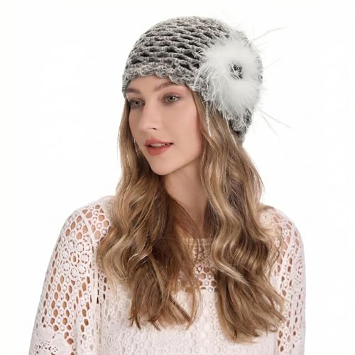 ZLYC Women Crochet Beanie Hat Summer Handmade Knit Decorated Skull Cap - color: Feather White Mixed Gray