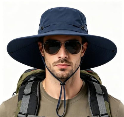 Fishing Sun Hat for Men UPF 50+ Wide Brim Boonie Hats for Summer - color: Navy Blue