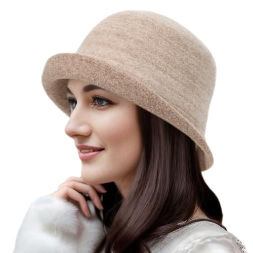 Womens Winter 1920S Vintage Cloche Wool Bucket Hat Packable Ladies Church Derby Party Fashion Cap - color: 1khaki