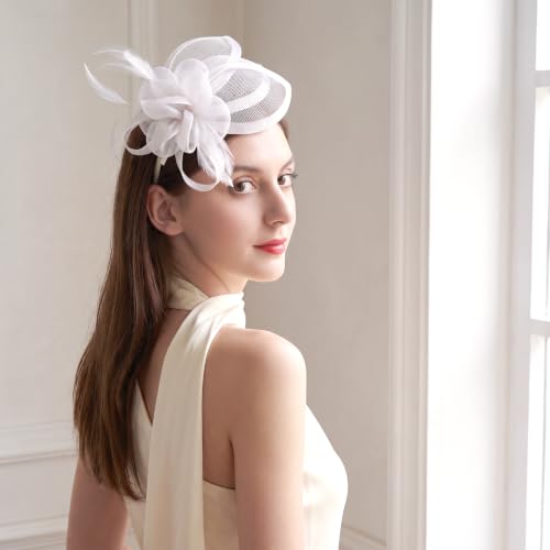 Sinamay Fascinator Hat Headband Clip for Women Tea Party - color: White-01