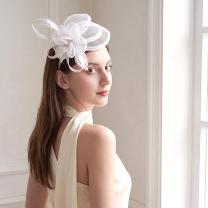 Sinamay Fascinator Hat Headband Clip for Women Tea Party - color: White-01