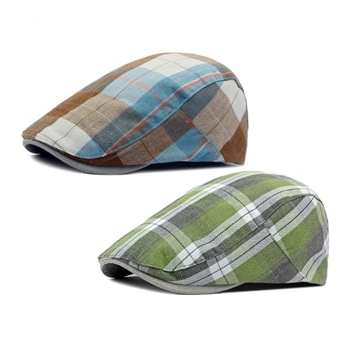 2 Pack Men's Plaid Cotton Flat Newsboy Ivy Cabbie Golf Gatsby Cap Hat - color: 770gk