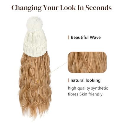 Flufymooz Beanie Wig, Hat Hair Extension Long Wavy Curly White Hat Wig with Faux Fur Pom Hat, wig hat Attached 20 Inch Synthetic Hairpiece for Women Girls Winter （Dirty Blonde） - color: White Hat-dirty Blonde, size: 20 Inch