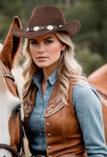 Vintage Roll Up Western Cowboy Hat for Men Women Cowgirl Fedora Hats Black/Brown Different Decorative Band M - color: Brown Cowboy Hat