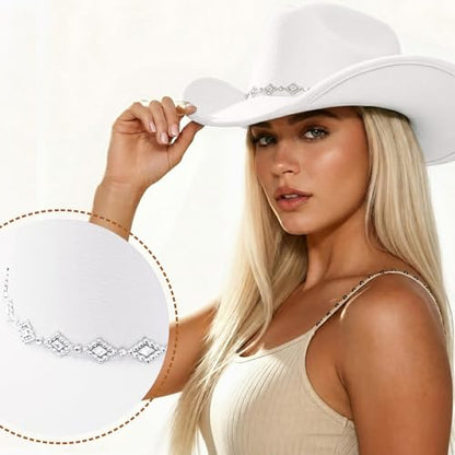 AQOKKA Western Cowboy Hat for Women Men Wide Brim Retro Felt Fedora Cowgirl Hats Classic Unisex Rolled up Caps Outdoor - color: White