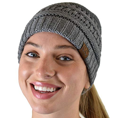 C.C Exclusives Soft Stretch Cable Knit Messy Bun Ponytail Beanie Winter Hat for Women (MB-20A) - color: Criss Cross Light Melange Gray