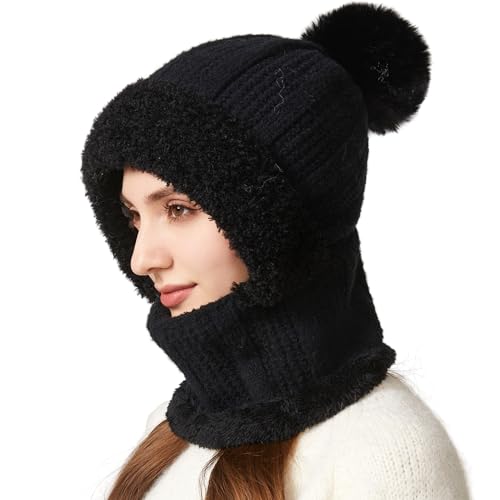 HUAMULAN Women Cable Knit Balaclavas Winter Fleece Lined Beanie Hat - color: Solid Black