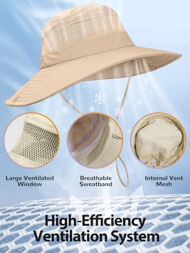 EW East Water Sun Beach Hat for Women, UPF50+ Waterproof with Ponytail Hole - color: Khaki