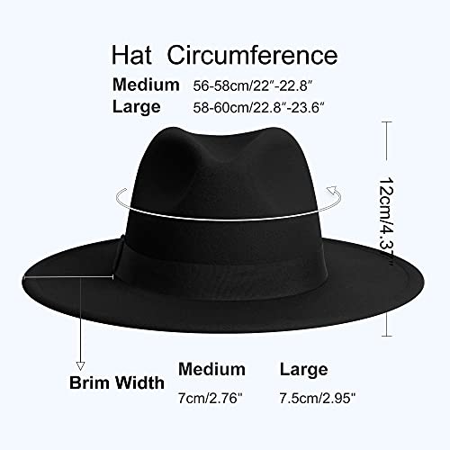 Wide Brim Fedora Hats for Women & Men Classic Dress Panama Hat Adjustable Felt Hat with Band - color: Outer Black Bowknot, size: Medium