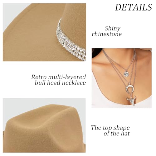 Western Black Cowboy Hats for Women Men, Fedora Wide Brim Rhinestone Cowgirl Hat with Bandana and Evil Eye Bull Head Necklace - color: Camel