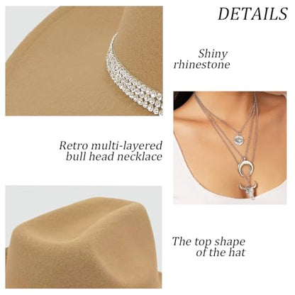 Western Black Cowboy Hats for Women Men, Fedora Wide Brim Rhinestone Cowgirl Hat with Bandana and Evil Eye Bull Head Necklace - color: Camel