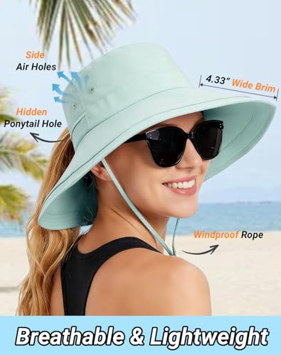 Rosoz Women Sun Hat with Ponytail Hole Wide Brim Bucket Hats UPF 50+ Beach Hiking Gardening Hat Water-Resistant Outdoot Hat - color: Blue
