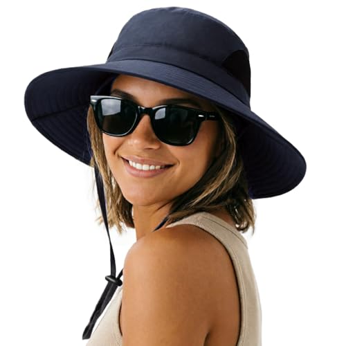 DRESHOW Sun Hats for Women Gardening Hat Waterproof Wide Brim Bucket Hat Breathable Mesh Beach Hats Packable Cap UPF 50+ - color: Fishing Hat Style 2: Navy
