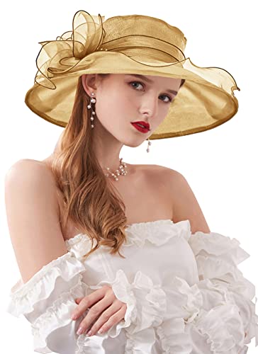 Women's Kentucky Derby Church Dress Hat Wide Brim Leaf Flower Bridal Shower Hat - color: H5 Gold