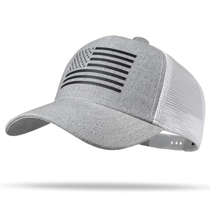 American Flag Trucker Hat - Snapback Hat, Baseball Cap for Men Women - Breathable Mesh Side, Adjustable Fit - for Casual Wear - color: Heather Gray/White