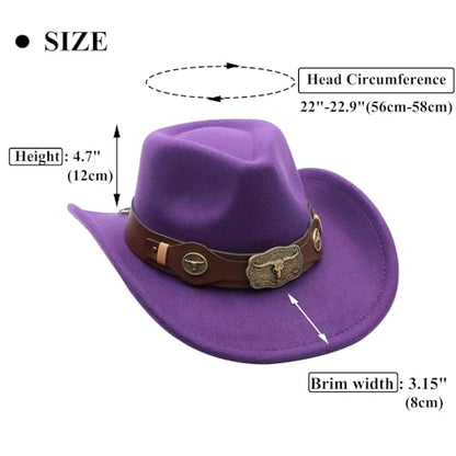 Western Cowboy Hat for Men Cowgirl Hat for Women Unisex Wide Brim Felt Fedora Hats Classic Cowboy Hats - color: Purple