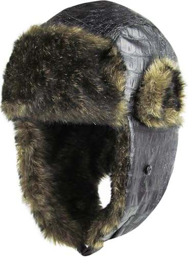 Wool Blend Aviator Trapper hat Trooper Ear Flaps Ushanka Eskimo Russian Warm Winter Cold… - color: Black Pu Leather
