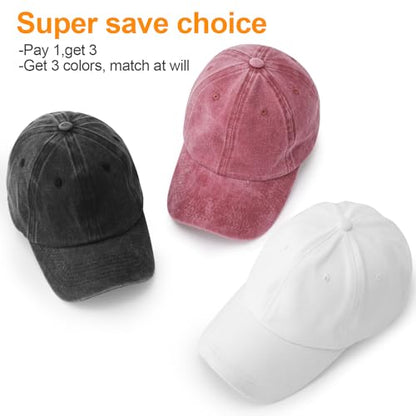 MEINICY 3 Packs Washed-Cotton Plain Baseball Cap, Adjustable Dad Hat - color: Black + White + Wine Red