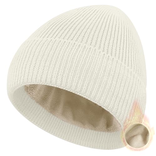 Winter Beanie Hats for Women Men Fleece Slouchy Knit Thick Beanies Warm Thermal Snow Ski Hat Gifts for Cold Weather - color: Ivory