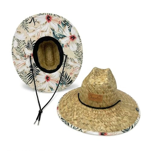 Women's Wide Brim Straw Sun Hat for Beach, Lifeguard Style, Hand-Woven Rush & Mat, Adjustable Chin Drawstring - color: The Layla