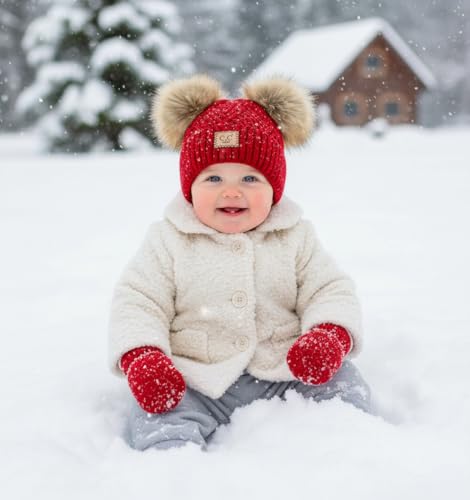 Funky Junque Baby Double Faux Fur Pom Pom Beanie & Mittens Set – Newborn Infant 0–9 Months Winter Hat with Soft Lined Mittens - color: Diagonal Basketweave: Red (0-9 Months)