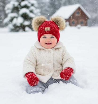 Funky Junque Baby Double Faux Fur Pom Pom Beanie & Mittens Set – Newborn Infant 0–9 Months Winter Hat with Soft Lined Mittens - color: Diagonal Basketweave: Red (0-9 Months)