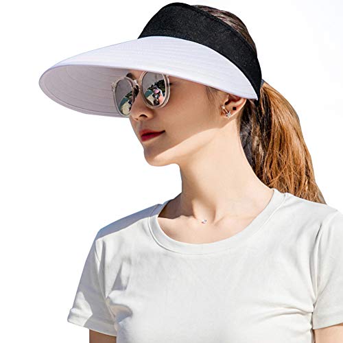 Sun Visor Hats Women Large Brim Summer UV Protection Beach Cap - color: Black and White