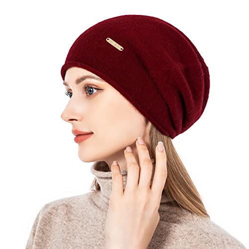 Knit Slouchy Beanie Hats for Women Cashmere Ski Cap Knitted Wool Soft Warm Winter Hat - color: A03-burgundy