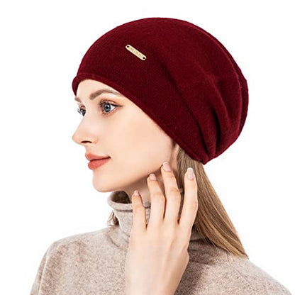 Knit Slouchy Beanie Hats for Women Cashmere Ski Cap Knitted Wool Soft Warm Winter Hat - color: A03-burgundy