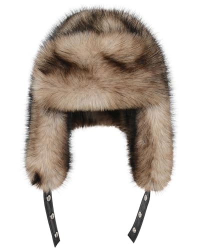 Peicees Faux Fur Russian Trapper Hat, Winter Warm Hat with Ear Flaps for Adult Cold Weather Outdoor - color: Khaki