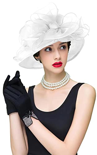 Women's Kentucky Derby Church Dress Hat Wide Brim Leaf Flower Bridal Shower Hat - color: S8-white