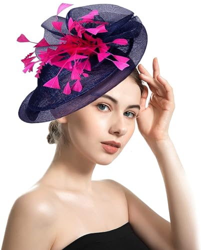 ORIDOOR Women Fascinators Derby Church Tea Party Wedding Flower Feathers Headpiece with Headband Clips - color: 03-navy Blue + Rose