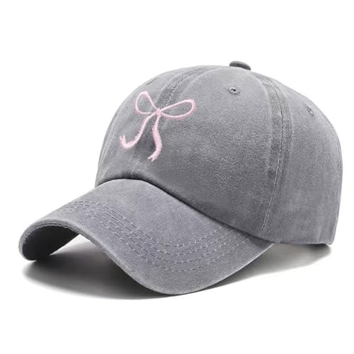 Bow-Tie Baseball Cap for Women Vintage Washed Cotton Adjustable Distressed Embroidered Dad Hat - color: Grey